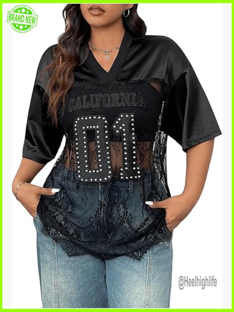 Plus Size Mesh Sheer V-Neck Tee With Lace Letter Print Half Sleeve Top